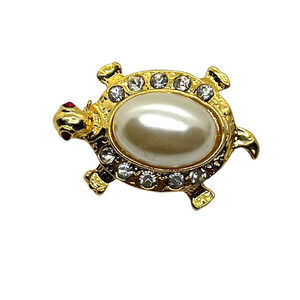 Turtle Brooch Pin Fashion Women Gold Tone Faux Pearl Rhinestone Vintage Red Eyes